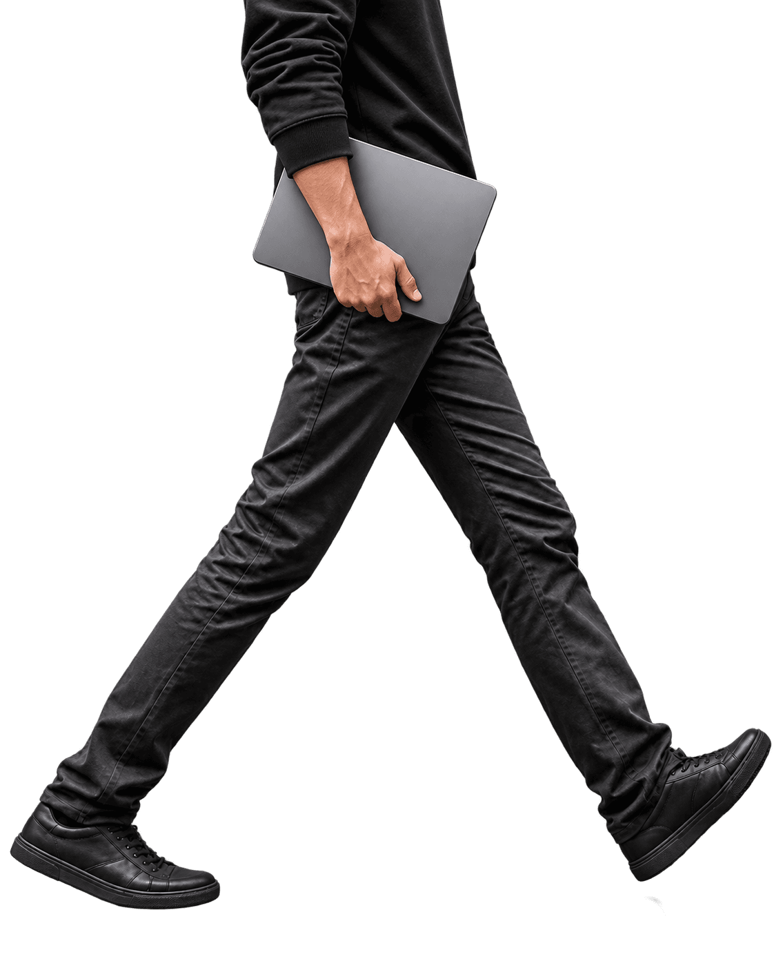 Figura em movimento com um computador portátil, representando o próximo passo do projeto